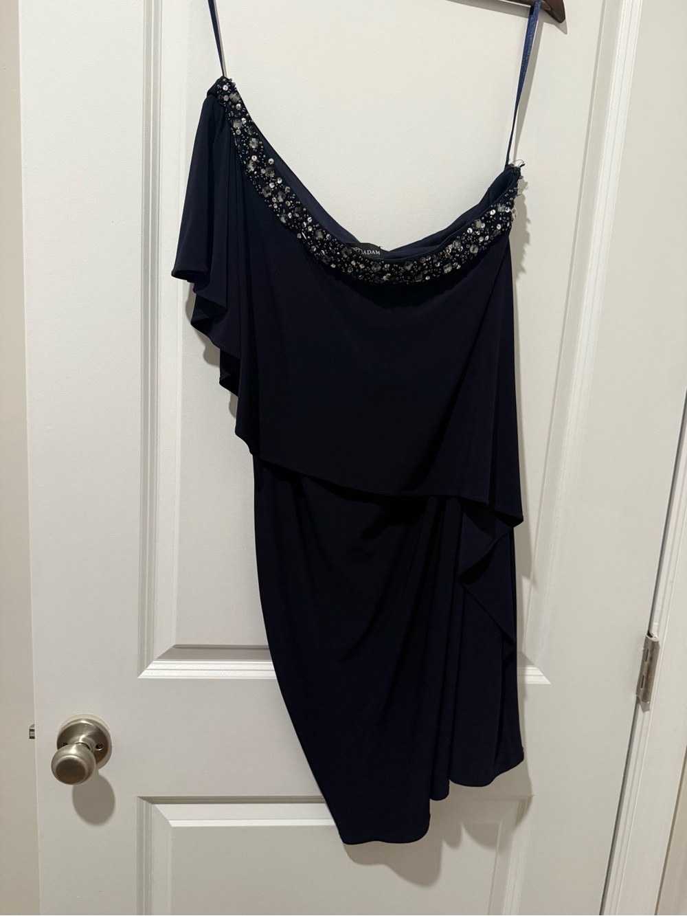 Betsy & Adam Navy One-Shoulder Beaded Cocktail Dress